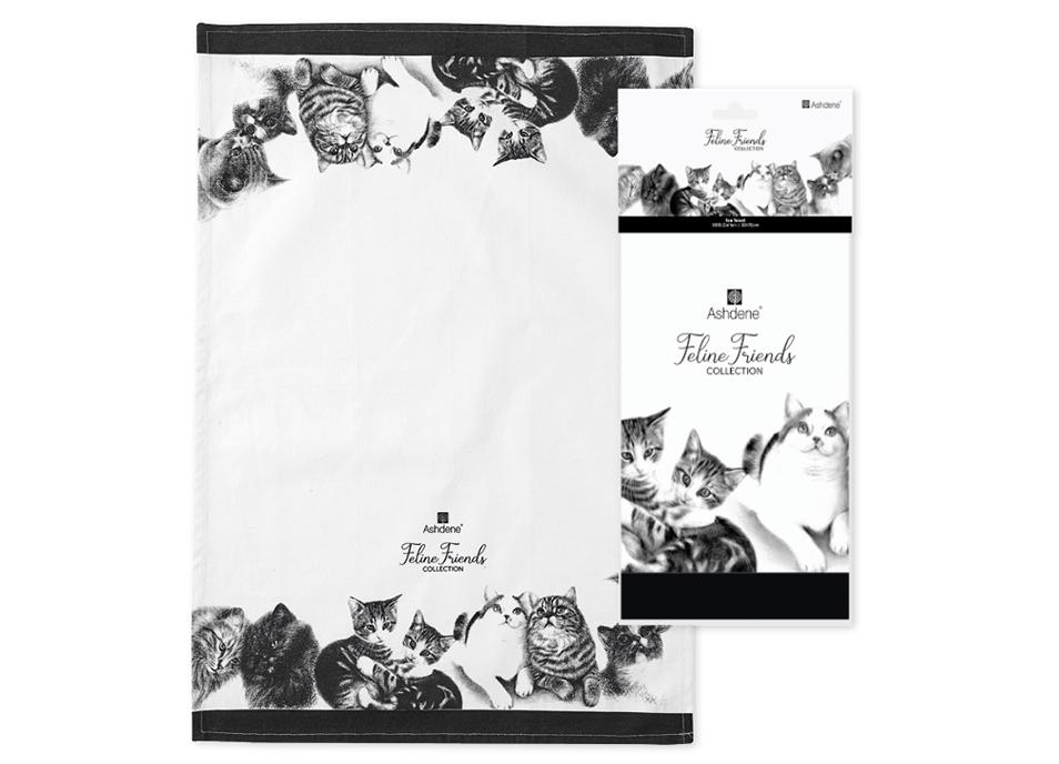 Feline Friends Kitchen Towel with black and white illustrations 