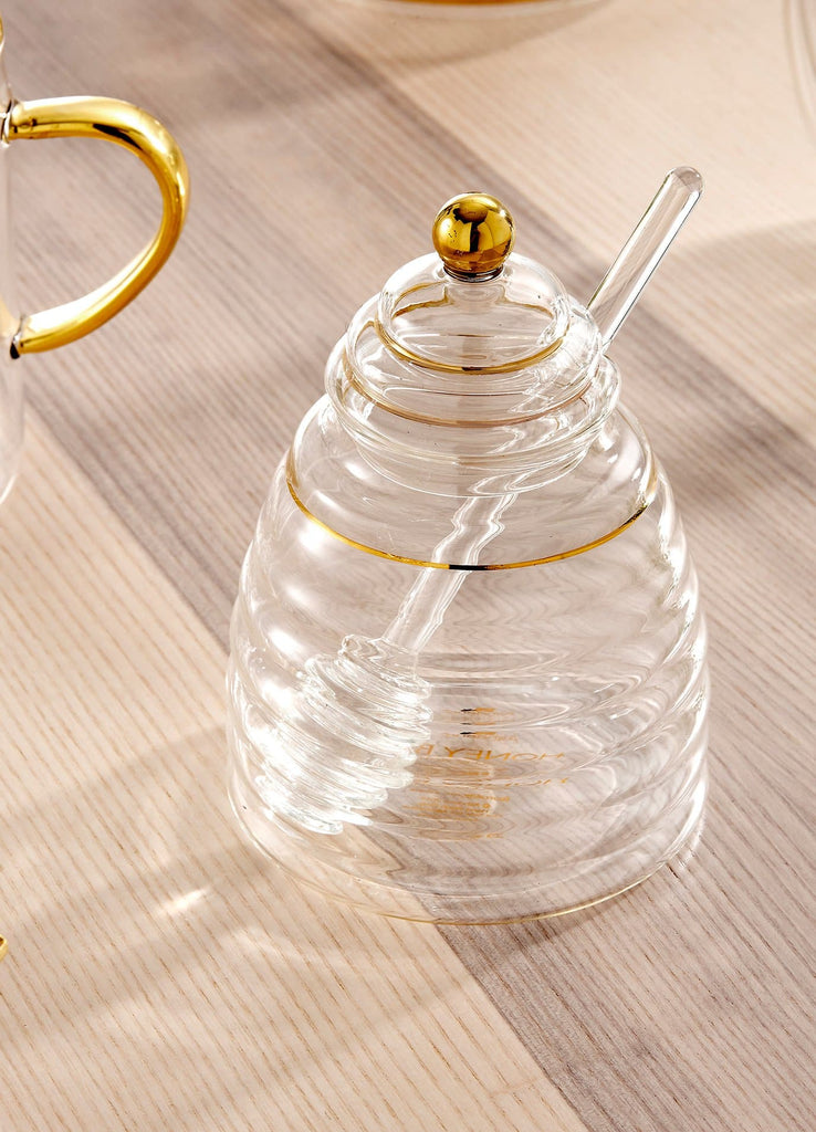 Honey Bee Glass Honey Pot with golden detailing