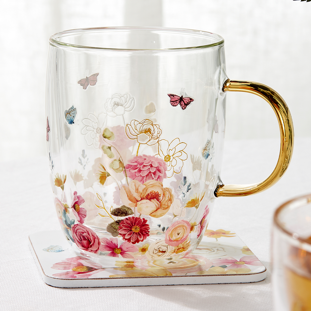 durable and heat proof Springtime Soiree Double Walled Glass Mug 